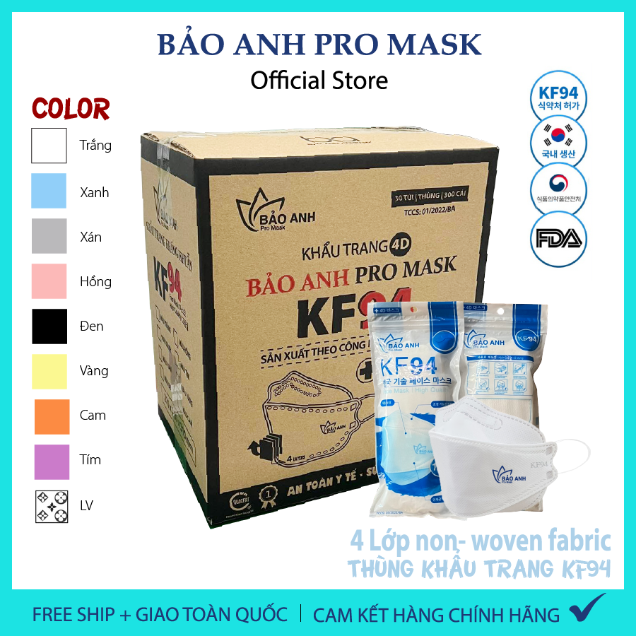 Free ship - thùng 300 cái khẩu trang kf94 bảo anh promask 4 lớp non- woven fabric