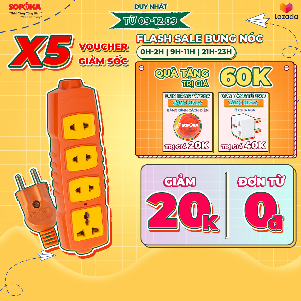 Ổ cắm điện lõi sứ chống cháy SOPOKA 6000W siêu chịu tải không dây