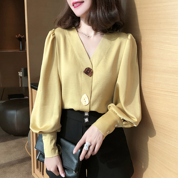 Áo sơ mi nữ cổ V tay bồng, Áo sơ mi nữ đẹp kiểu Hàn Quốc