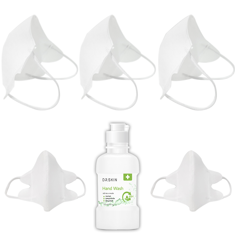 Combo 5 Khẩu Trang Vải Không Dệt Cánh Bướm 2 Lớp (Trắng) – Kháng Khuẩn – Chống Bụi – Không Thấm Nước - Tái Sử Dụng 30 Lần Giặt - Tặng 1 Gel Rửa Tay Khô Sạch Khuẩn DR.SKIN 100ml