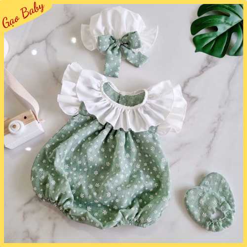 Bodysuit, body liền thân dễ thương cho bé - Body hoa nhí cổ bèo kèm mũ nơ siêu xinh cho bé