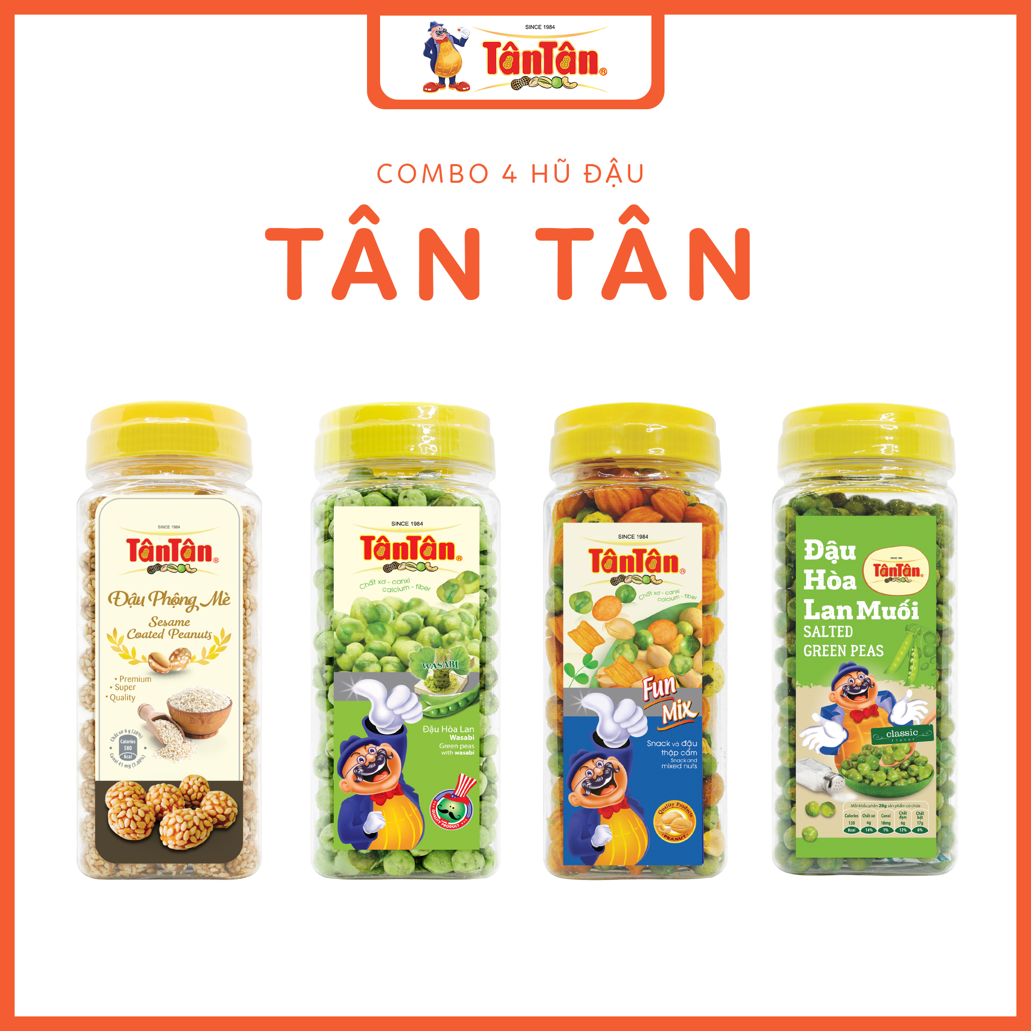 Combo 4 hũ đậu tân tân: mè trắng 240g, hl wasabi 190g, fumix 200g, hl muối 190g