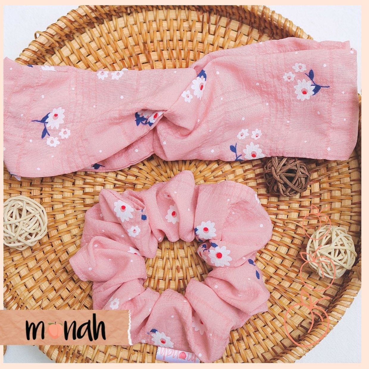 Combo dây buộc tóc cột tóc scrunchie và turban băng đô nữ hồng nude pastel hoa nhí lụa cotton.