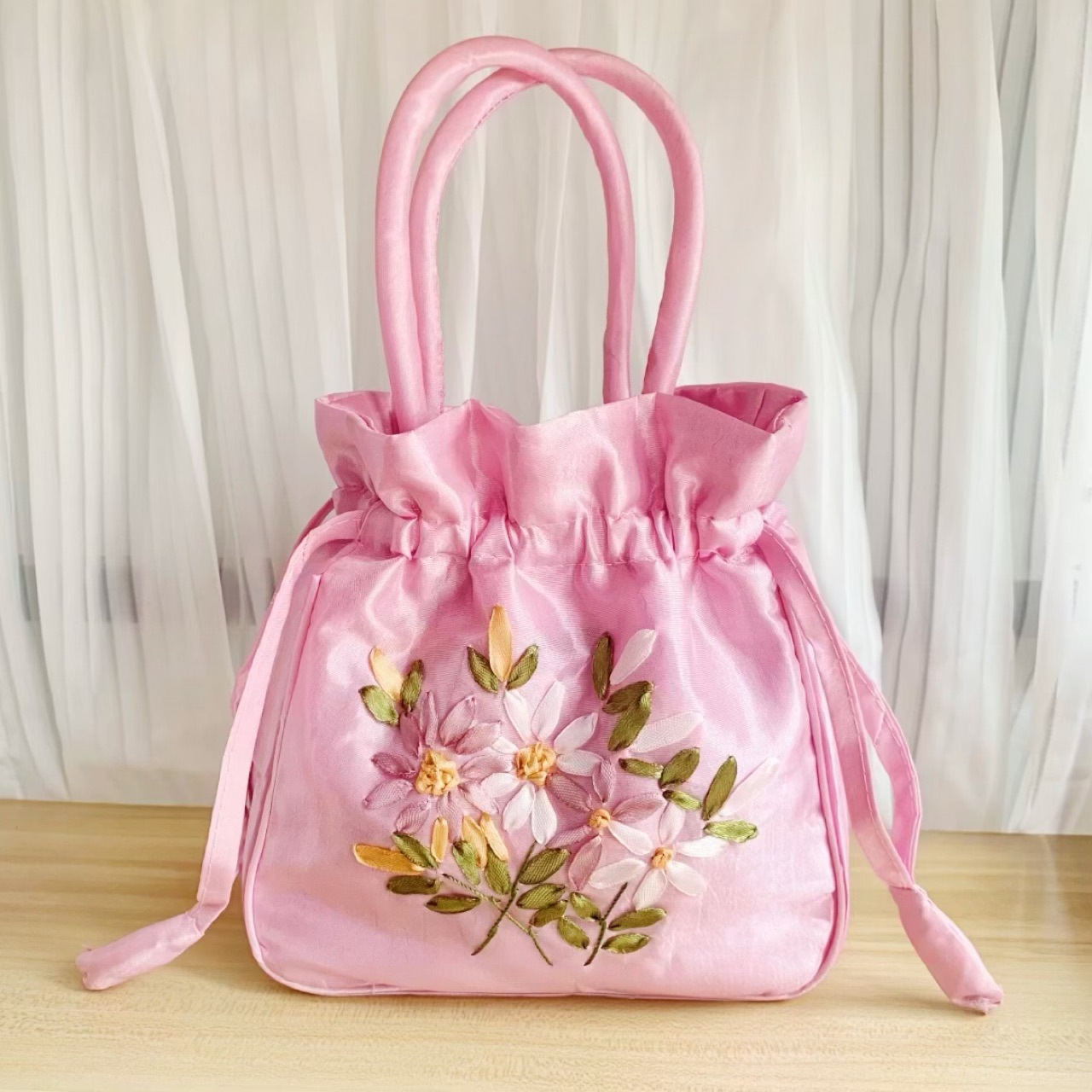 Handbag (Available) Handmade Floral Embroidery with Drawstring, Luxurious Women's Bag Made of 2-Layer Silk Fabric - 8