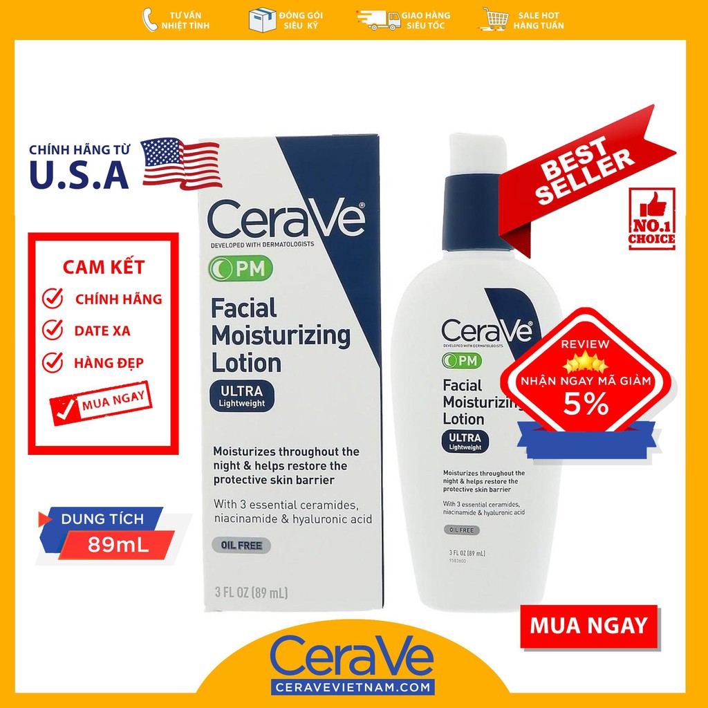 CeraVe PM Facial Moisturizing Lotion - Kem dưỡng đêm da hỗn hợp