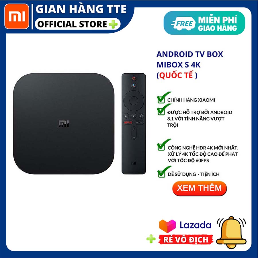Xiaomi Mi Box S 4K ( Bản Tiếng Việt ) TV Box Cortex-A53 Quad Core 64 bit Mali-450 Android 8.1 2GB+8GB HDMI2.0 2.4G/5.8G WiFi BT4.2 Set Top Box