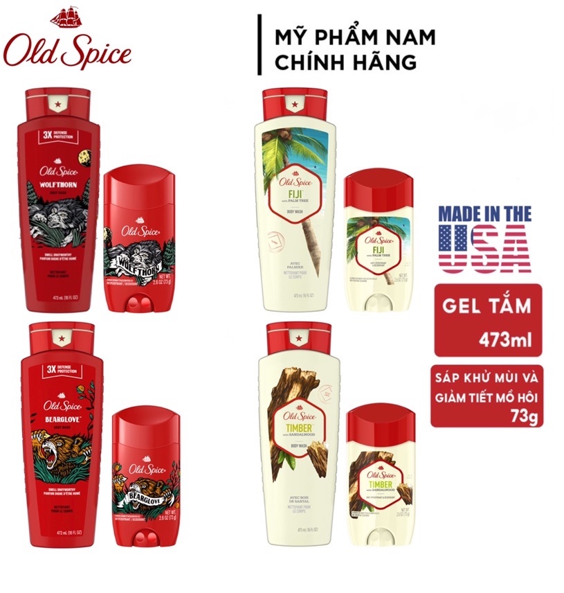 Combo old spice gồm gel tắm 473ml + sáp khử mùi nam 73g timber , bearglove , fiji , wolfthorn - mỹ