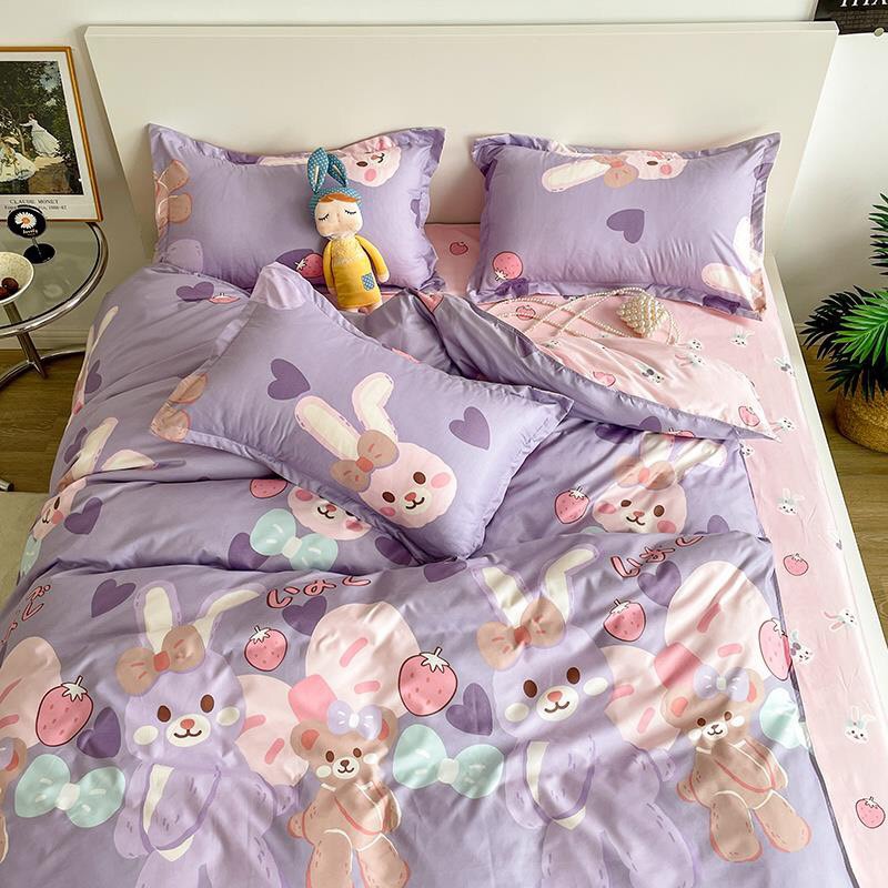 [Miễn phí vận chuyển]Bộ chăn ga gối thỏ tím hồng bo chun đủ kích thước.