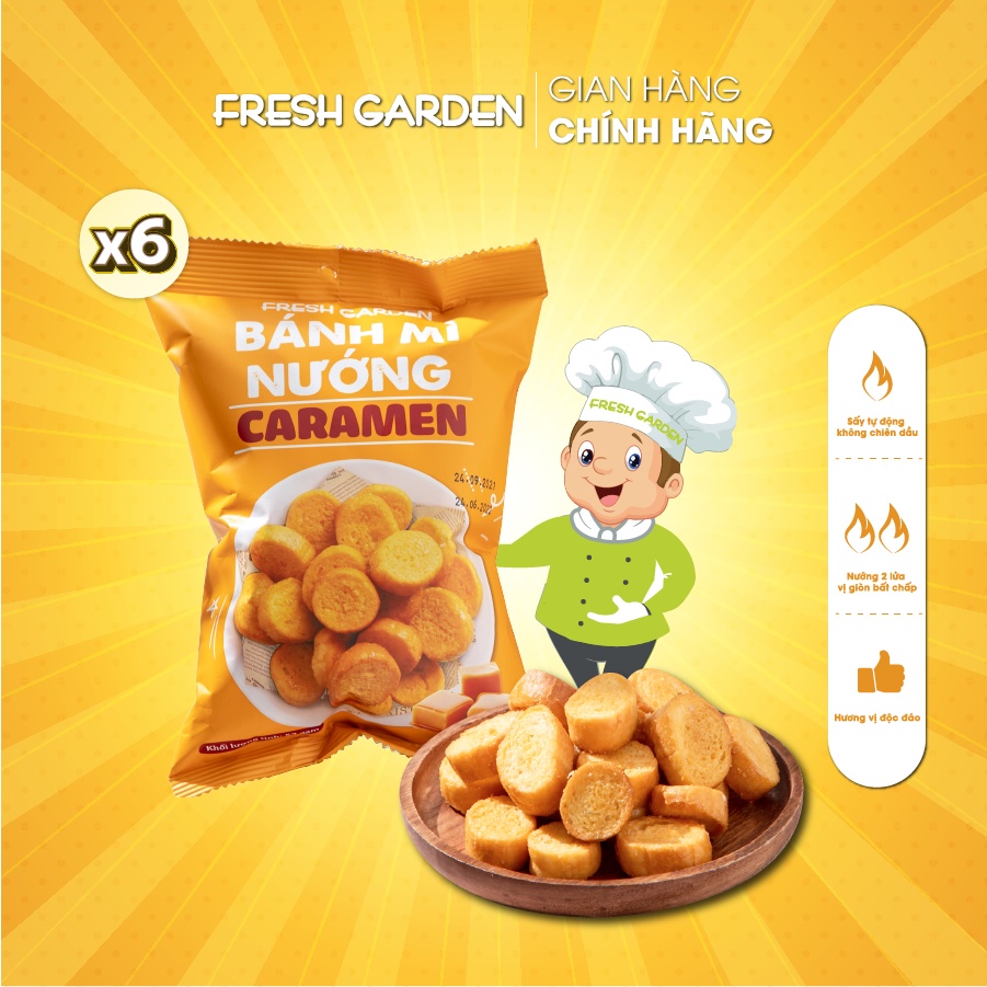 Set 6 Gói Snack Bánh Mì Nướng Caramen FRESH GARDEN Giòn Rụm Thơm Ngon Vị Caramen Phủ Đều Mặt Bánh Nguyên Bản Gói 52g