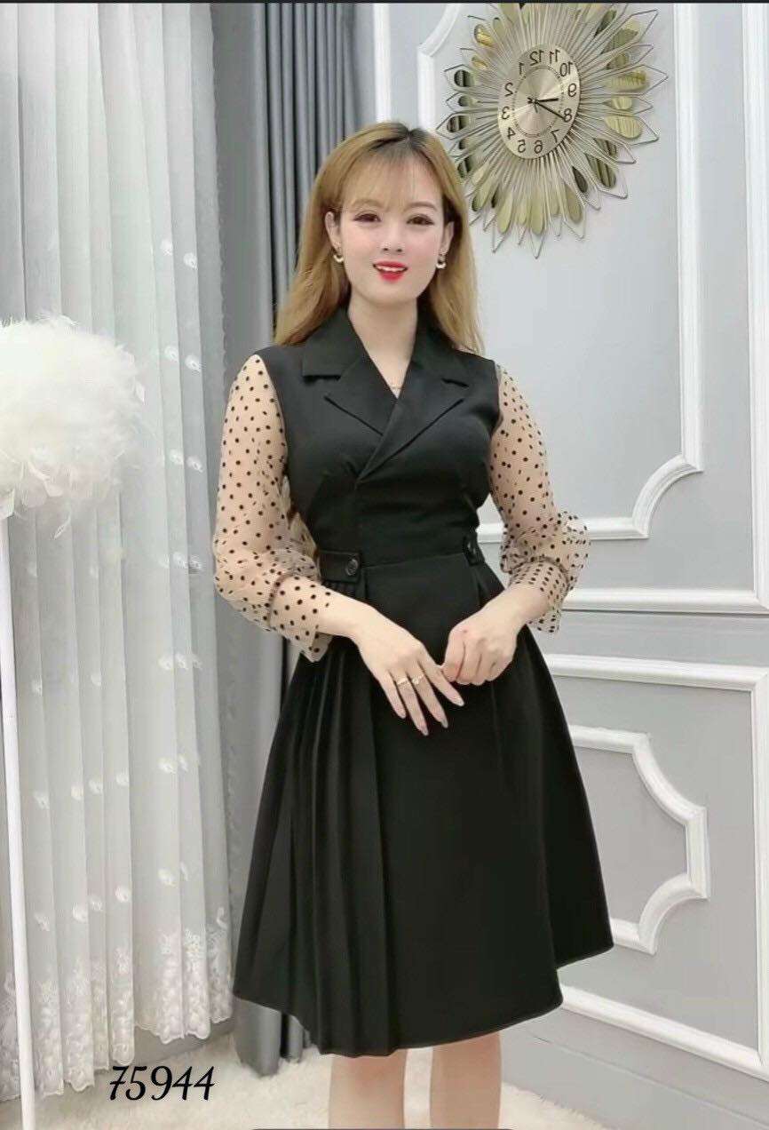 [HCM]ĐẦM CÔNG SỞ DÀI TAY CHẤM BI CỔ VEST SANG TRỌNG-D11