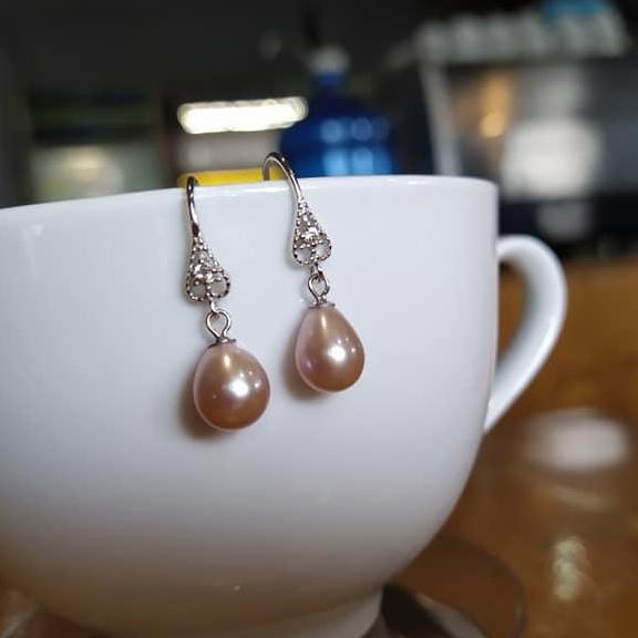 [HCM]VIP: Bông tai bạc tinh khiết mạ bạch kim cẩn viên xoàn nhí 2 li xinh xinh+ ngọc trai giọt nước mặn Akoya kiểu 2