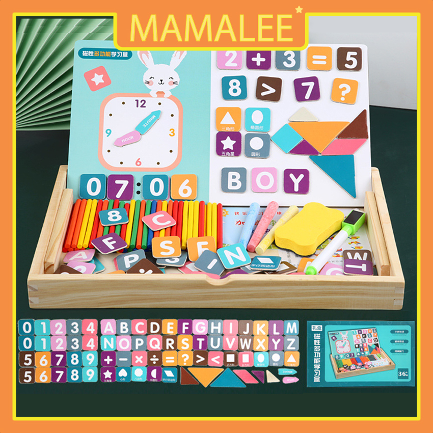 Hộp Gỗ Học Toán Đa Năng (7 Chức Năng) Có Bảng Nam Châm 2 Mặt Kèm Chữ, Số, Que Tính, Hình học - Đồ Chơi Toán Học Phát Triển Trí Tuệ