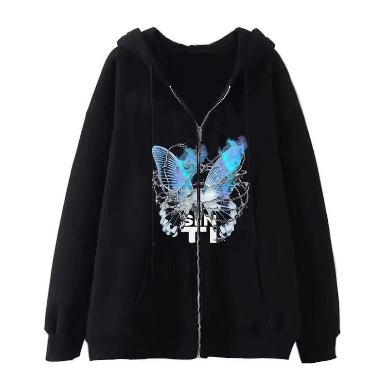 -A2023y2k Dark Gothic Butterfly Element Dây Kéo Áo Len Mùa Thu Và Mùa Đông Yếu Tố Mỹ Áo Len Rộng Rãi ins Áo Liền Mũ