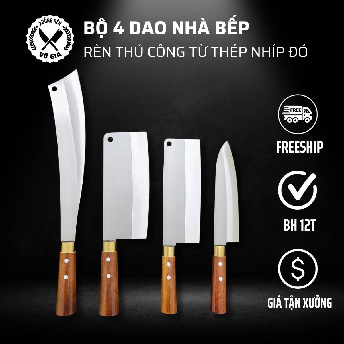 Bộ dao nhà bếp - rèn từ thép nhíp, dùng chặt cây, chặt xương, thái lọc thịt