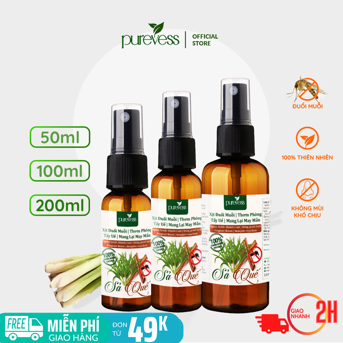 Tinh dầu thơm phòng đuổi muỗi, chai xịt đuổi muỗi sả quế, tinh dầu xịt phòng - Purevess gian hàng chính hãng