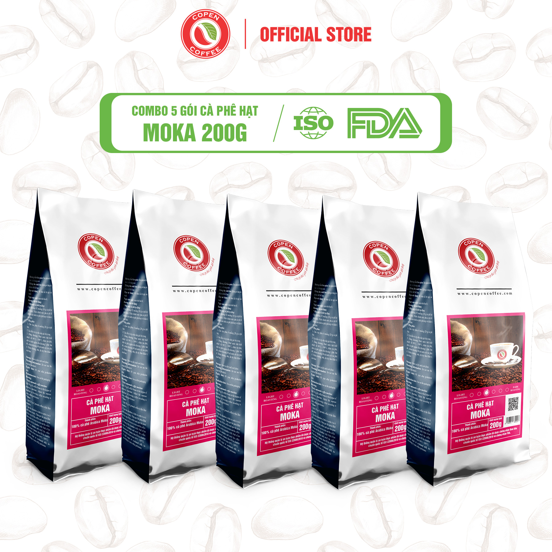 COMBO 5 GÓI Cà phê hạt hiệu Moka gói 200g (ST) - Rang mộc Đắng nhẹ - Pha máy/pha phin - Copen Coffee