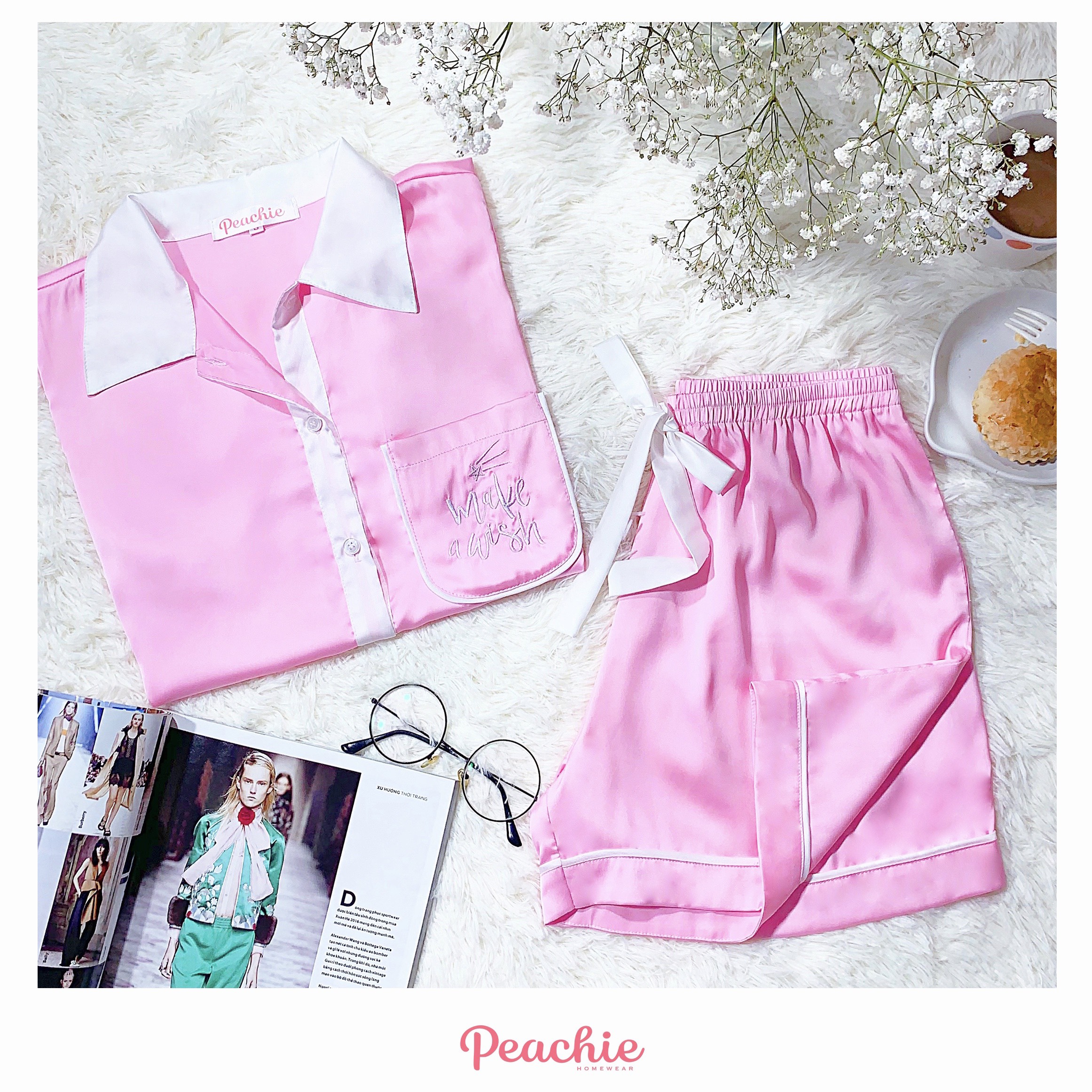 Peachie bộ đồ ngủ pijama nữ tay ngắn - lụa satin - make a wish n161