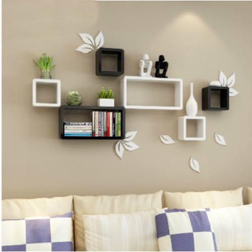 [HCM]Combo 6 kệ treo tường hình chữ nhật ô vuông Gỗ lõi xanh chống ẩm + Tặng lá gỗ 3D dán tường.