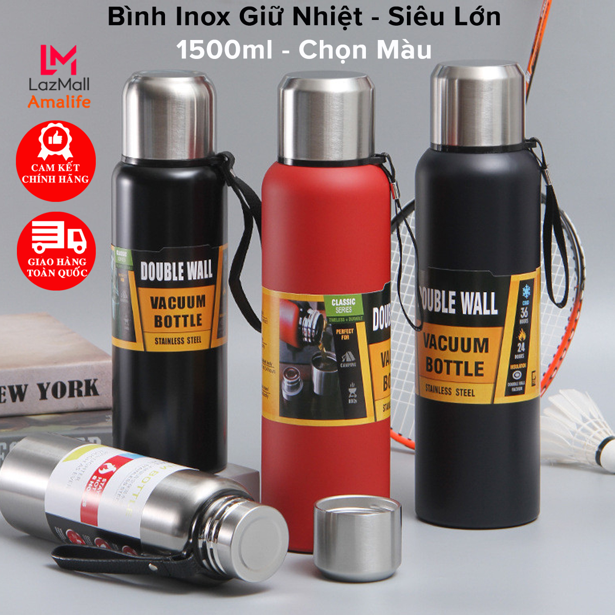 Bình Inox Giữ Nhiệt Nóng Lạnh Siêu Lớn 1500ml, Phích Giữ Nhiệt Inox Cách Nhiệt Cao Cấp, Có Tấm Lọc, Lưới Lọc Trà, Bình Nước Văn Phòng Giữ Nóng Lạnh Lên Đến 8 - 12 Tiếng Có Quai Dây Đeo Chính Hãng Amalife