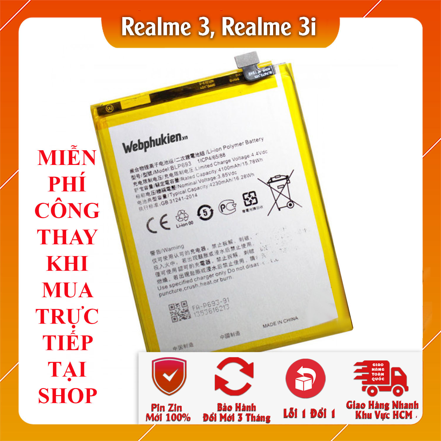Pin webphukien dành cho Oppo Realme 3, Realme 3i BLP693 4230mAh (Trắng)