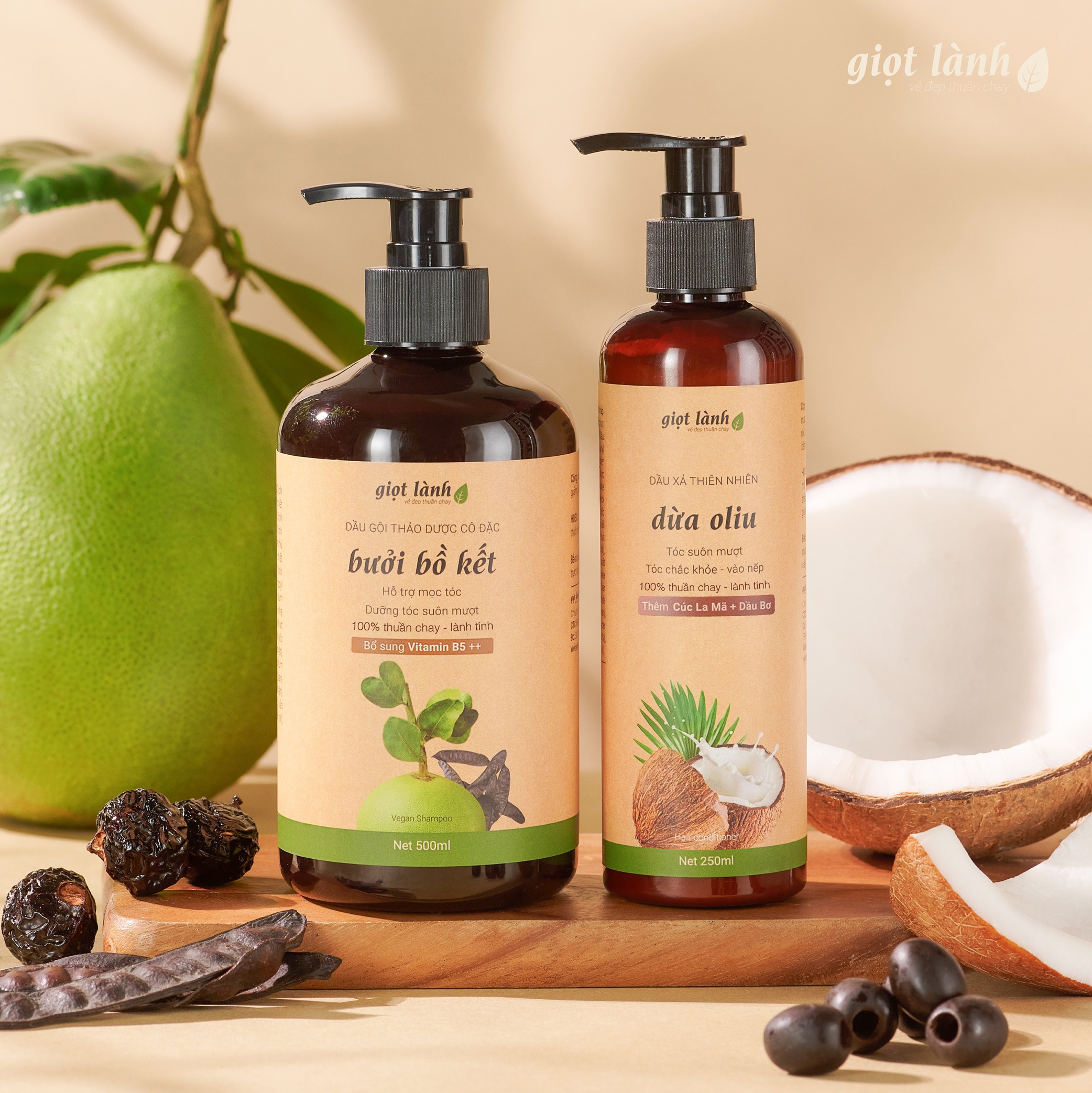 Bộ dầu gội bồ kết - Dầu xả thiên nhiên Dừa Oliu Giọt Lành