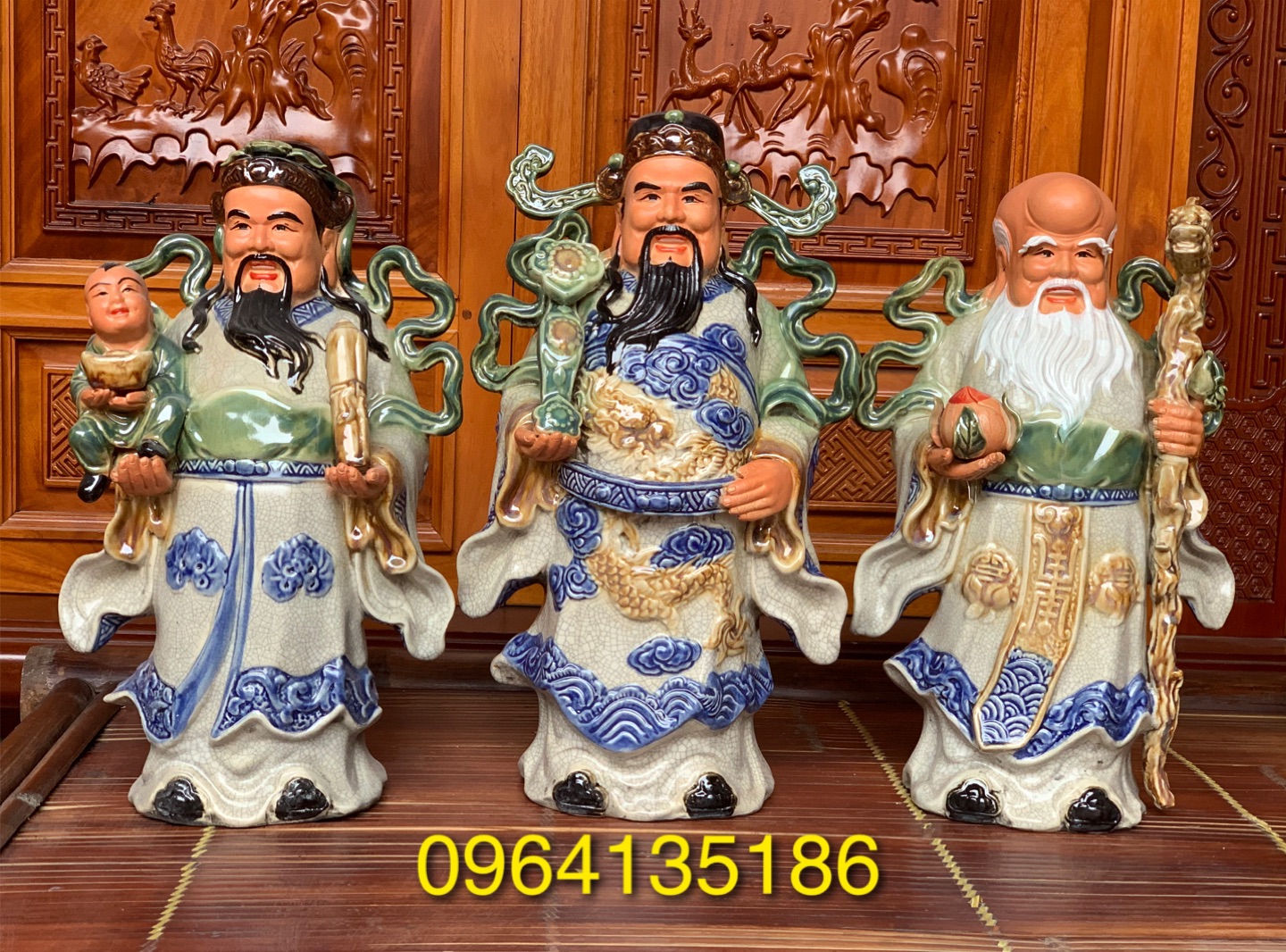 Tượng tam đa Phúc Lộc Thọ men rạn h43cm gốm sứ Bát Tràng