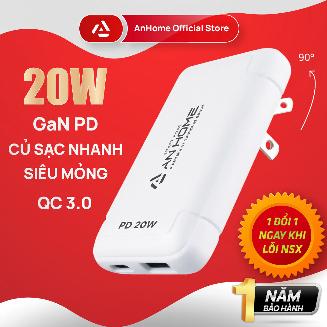Củ sạc nhanh 20w 2 cổng type c + usb a - anhome ultra slim pd gan-a037, usb c qc 3.0 sạc nhanh cho điện thoại.