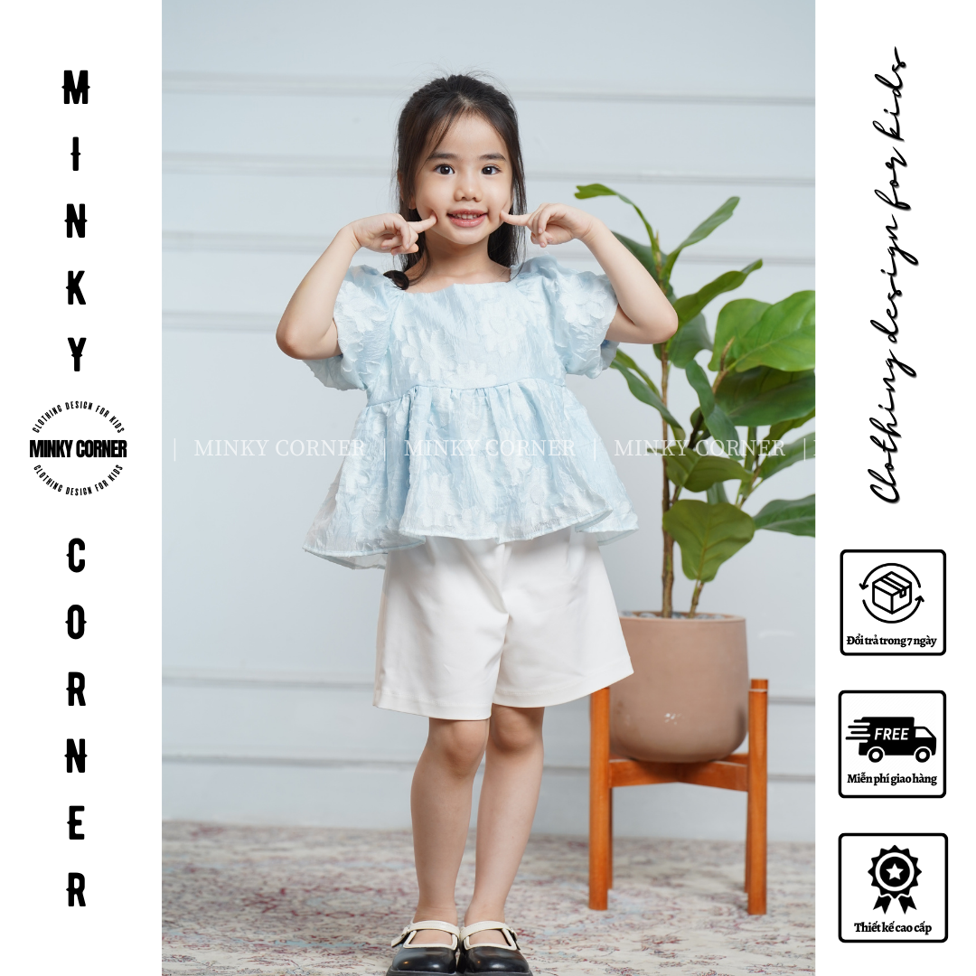 Set babydoll hoa xanh tay bồng cho bé gái, Set babydoll cho bé, bộ quần áo cho bé, đồ tiểu thư cho bé gái, đồ thiết kế cho bé
