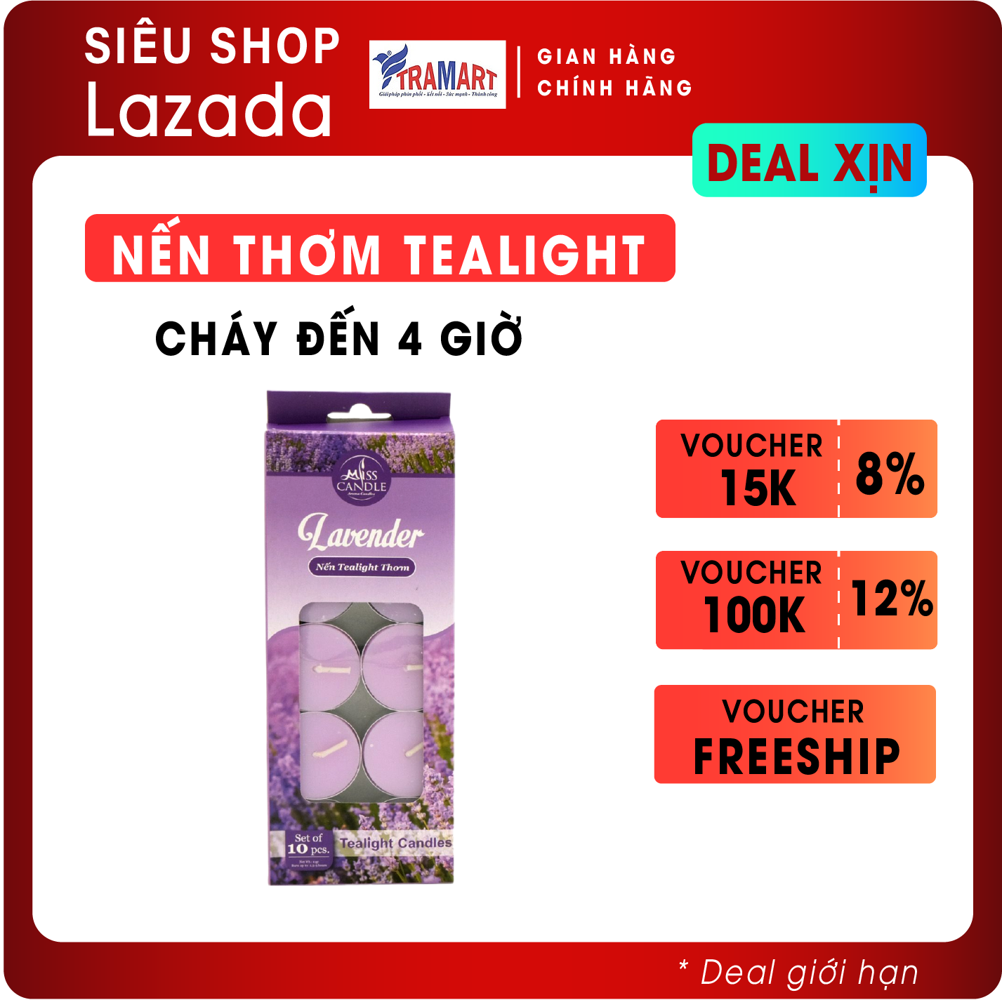 Nến Thơm Tealight (hộp 10 nến) Miss Candle FtraMart MIC0147 Lavender (Hương oải hương)  chất  liệu Sáp paraffin  không khói an toàn giúp xông Tinh Dầu  Thơm Phòng  và Trang Trí nhà cửa hoặc làm quà tặng.