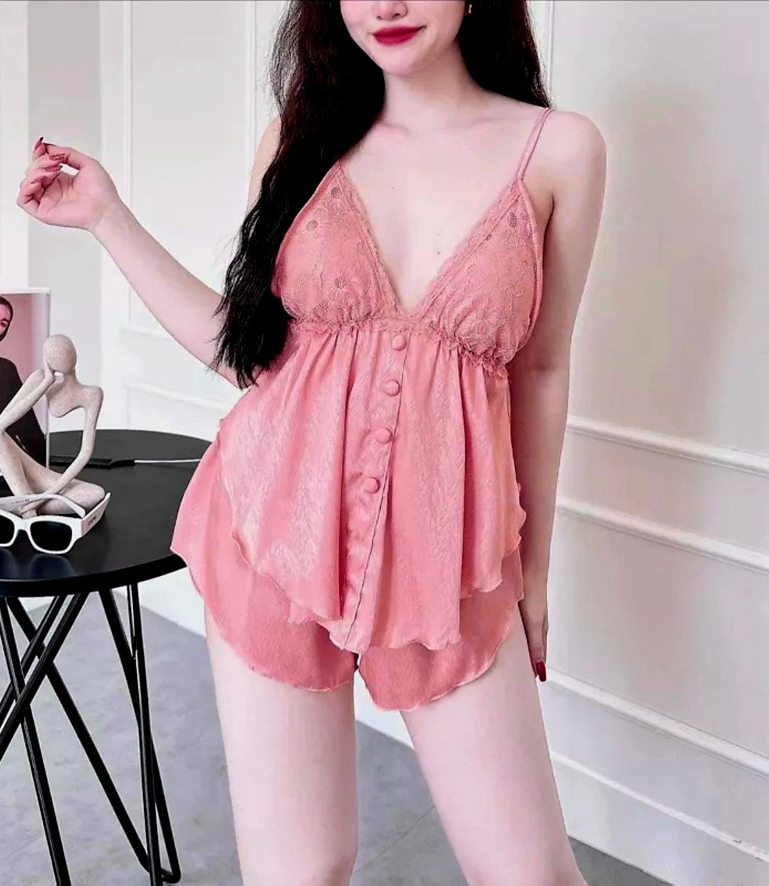 Đồ bộ nữ 2 dây sexy, bộ quần áo ngủ nữ hai dây vải lụa xước freesize 55kg - cn114