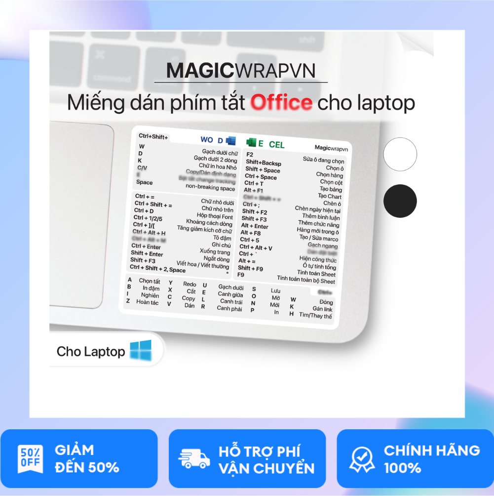 Miếng dán phím tắt Word Excel cho laptop Windows không dính keo | Magicwrapvn