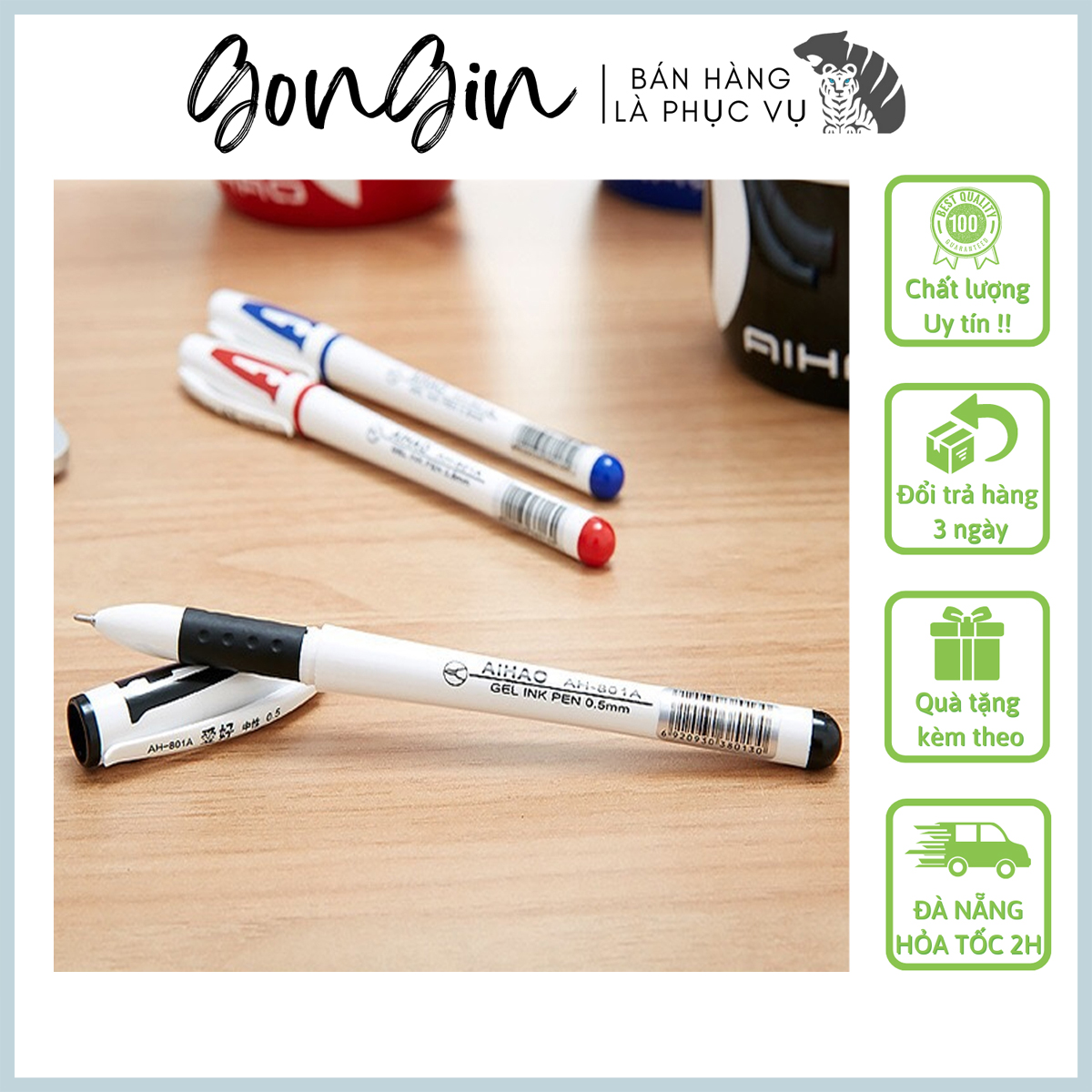 Bút gel chữ A màu xanh đỏ đen tím ngòi 0.5 mm văn phòng phẩm GonGin