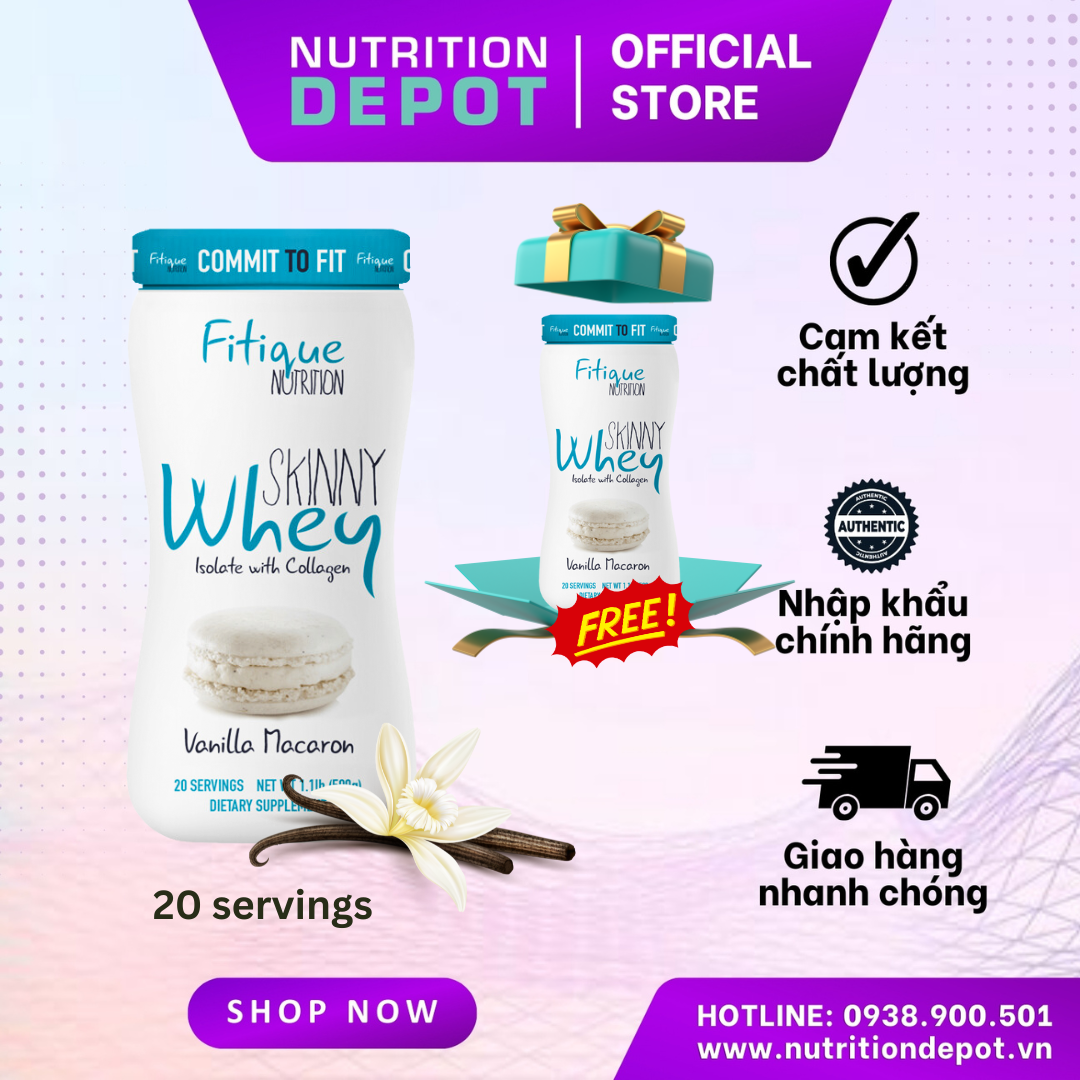 [Quà tặng] Sữa tăng cơ hỗ trợ giảm cân Skinny Whey Protein Isolate bổ sung Collagen Fitique Nutrition hũ 500g - Nutrition Depot Vietnam -  best before: 06/2024