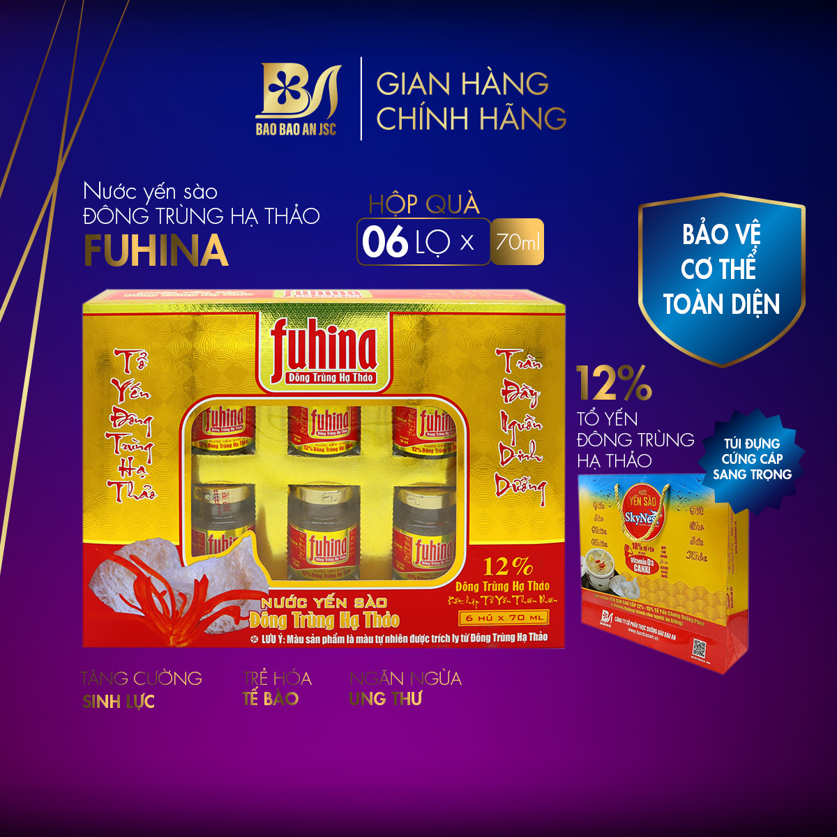 Nước yến sào Đông Trùng Hạ Thảo FUHINA 12% ( 6 lọ x 70ml / Hộp Quà) Tăng cường sinh lực và phục hồi sức khỏe người bệnh