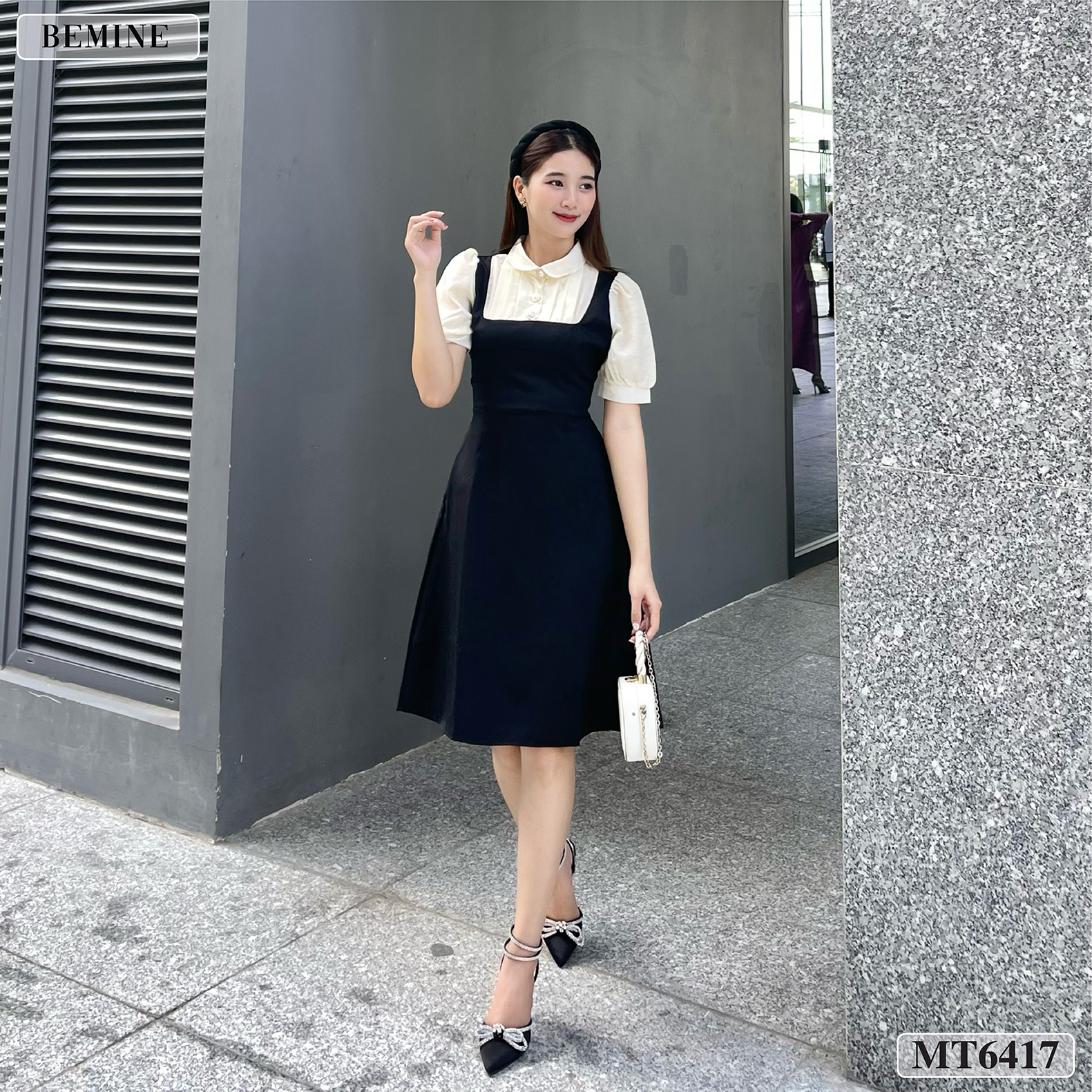 Đầm sơ mi cổ sen giả yếm váy xòe bemine mt6417