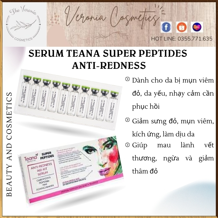 Serum Teana Super Peptides Anti-redness giảm đỏ, sưng viêm, giảm mụn, kích ứng và phục hồi da nhạy cảm