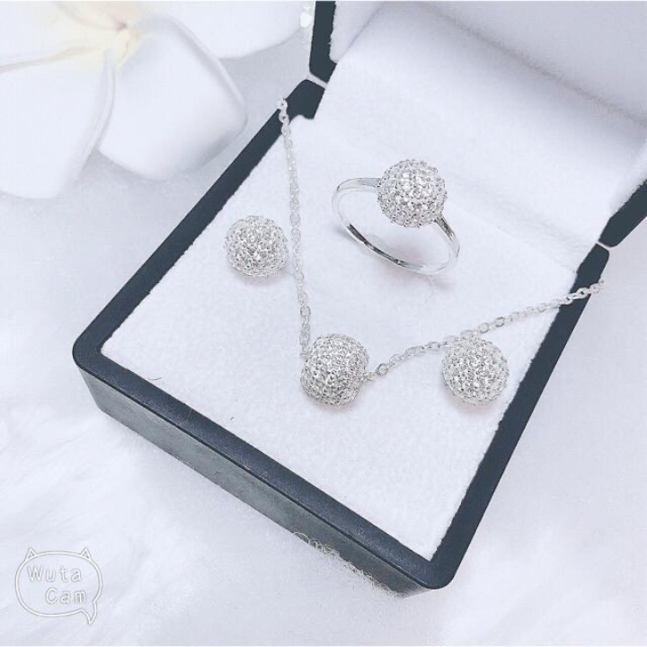 Bộ trang sức nữ bạc thật mặt cầu đính đá trẻ trung 3 món dây chuyền, nhẫn, bông tai/ JQN gian hàng chính hãng cam kết Bạc chuẩn, Chất lượng không lo đen xỉn
