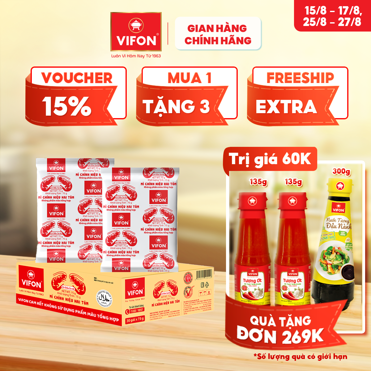 [VOUCHER đến 80K]-Thùng 30 gói Mì Chính Hiệu Hai Tôm VIFON 75g / Gói