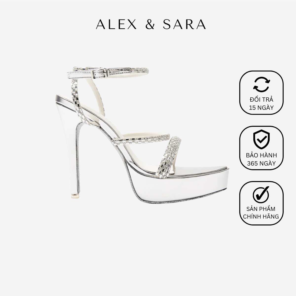 Giày cao gót quai đính đá sang trọng, phiên bản bạc mũi nhọn, gót cao 13cm sang trọng đi tiệc | ALEX & SARA - AL302