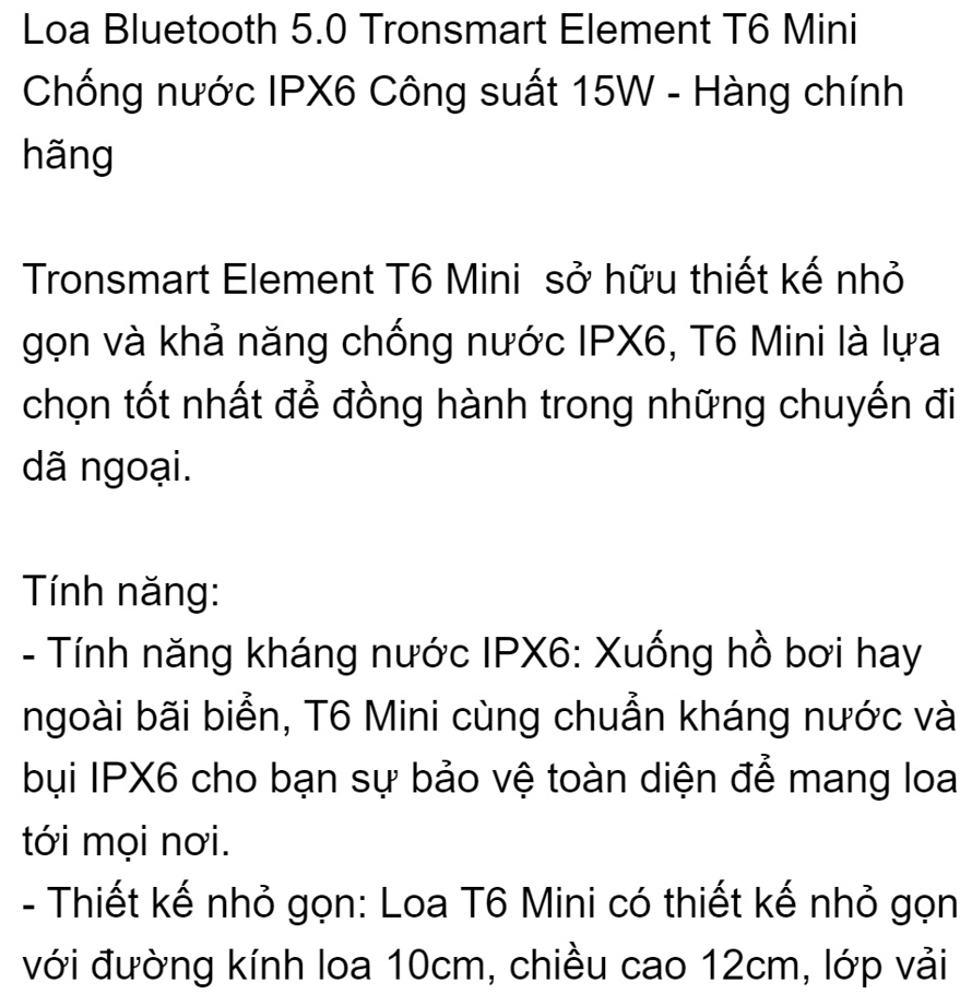 Loa Bluetooth 5.0 Tronsmart Element T6 Mini - Kháng nước IPX6 - Công suất 15W