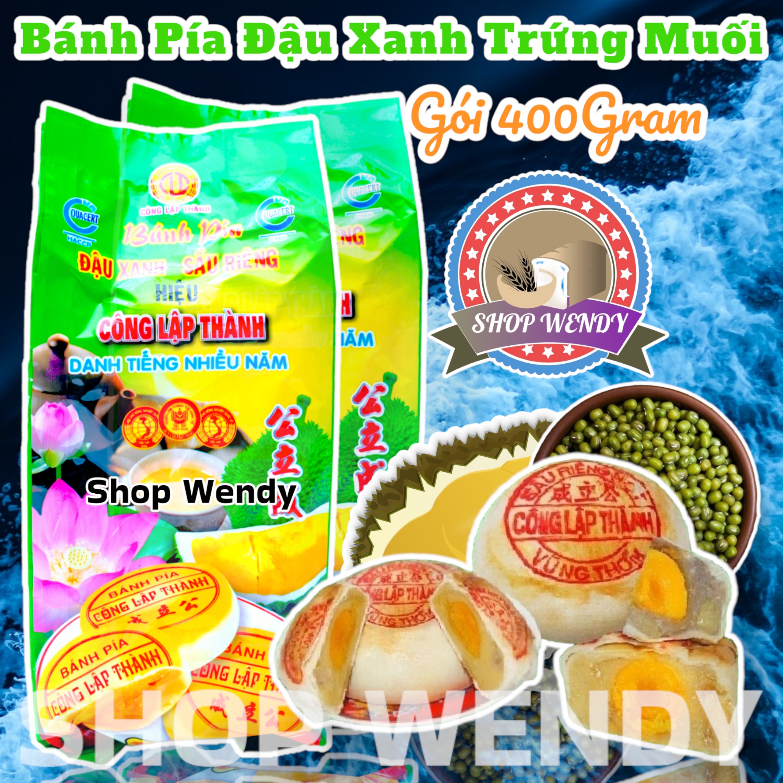 Combo 2 gói Bánh Pía Đậu Xanh Sầu Riêng Trứng Muối Hảo Hạng - Công Lập Thành - 400g {4 bánh}{ Bánh Trung Thu, Bánh Kẹo, Lạp Xưởng, Đặc Sản Sóc Trăng }
