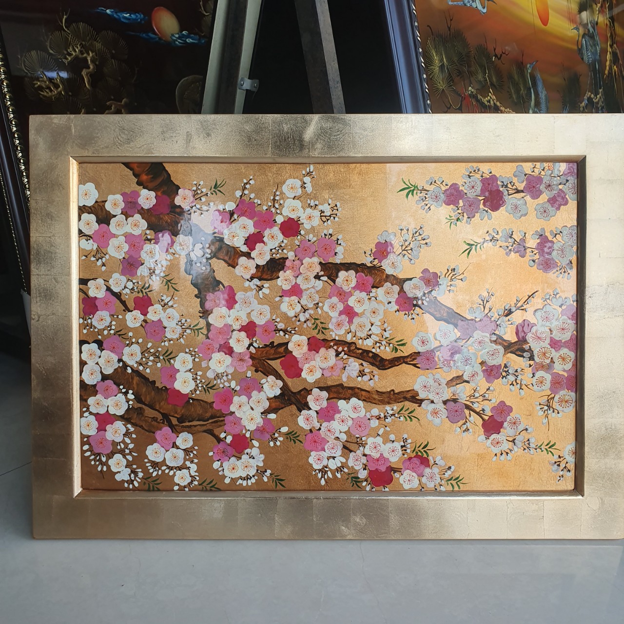 Tranh sơn mài hoa đào nền dát vàng cao cấp - Đào Phú Quý 40x60 cm