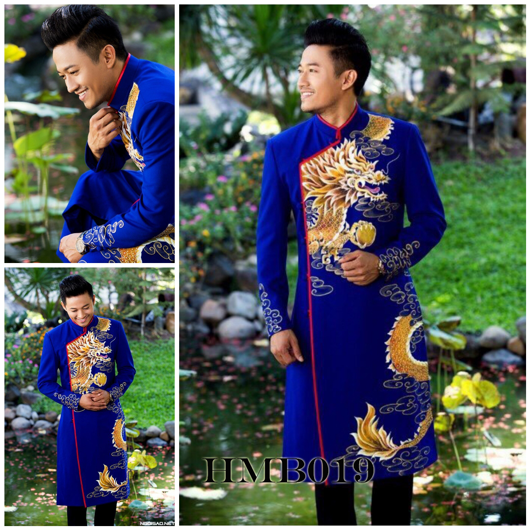 Áo dài cách tân nam họa tiết rồng vẽ tay cao cấp tặng kèm khăn xếp