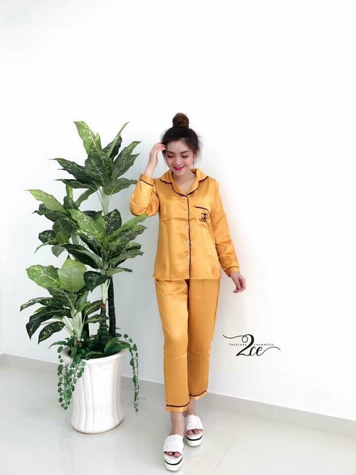 Đồ bộ pijama phi lụa tay dài phối quần dài cao cấp - dưới 65kg- 010