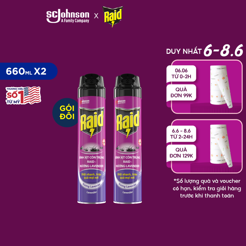 Combo 2 raid bình xịt côn trùng hương lavender 600ml