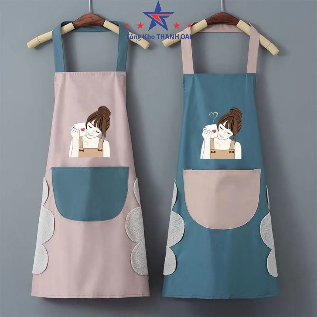 Tạp dề nấu ăn pha chế chống nước cute có khăn lau tay bên hông tạp giề vải ngắn vintage Giao mẫu ngẫu nhiên