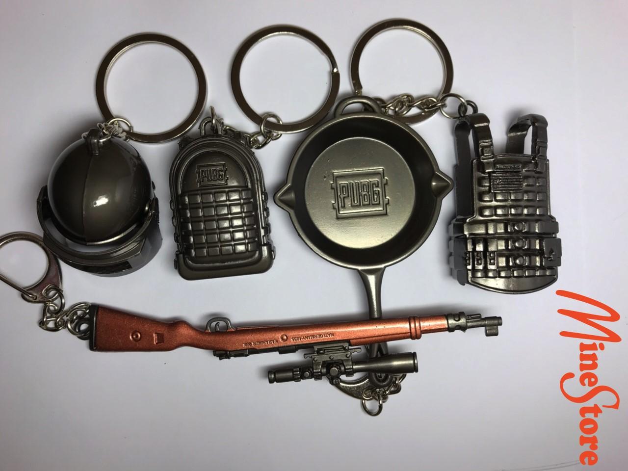 Combo 5 móc khóa pubg bao gồm mũ 3, chảo, balo, giáp, kar98