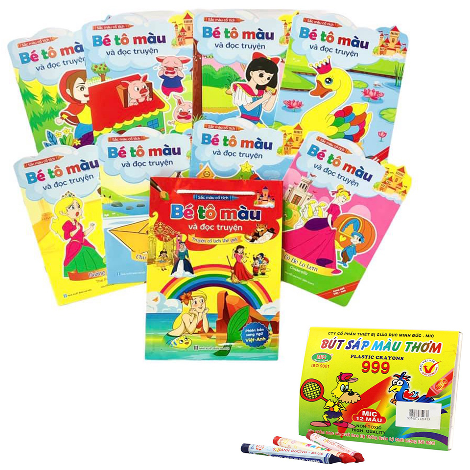Combo 8 Quyển Sách Bé Tô Màu Và Đọc Truyện Song Ngữ Anh Việt - Kèm Hộp Bút Chì Màu Cho Bé  - Đồ Chơi Phát Triển Trẻ Em