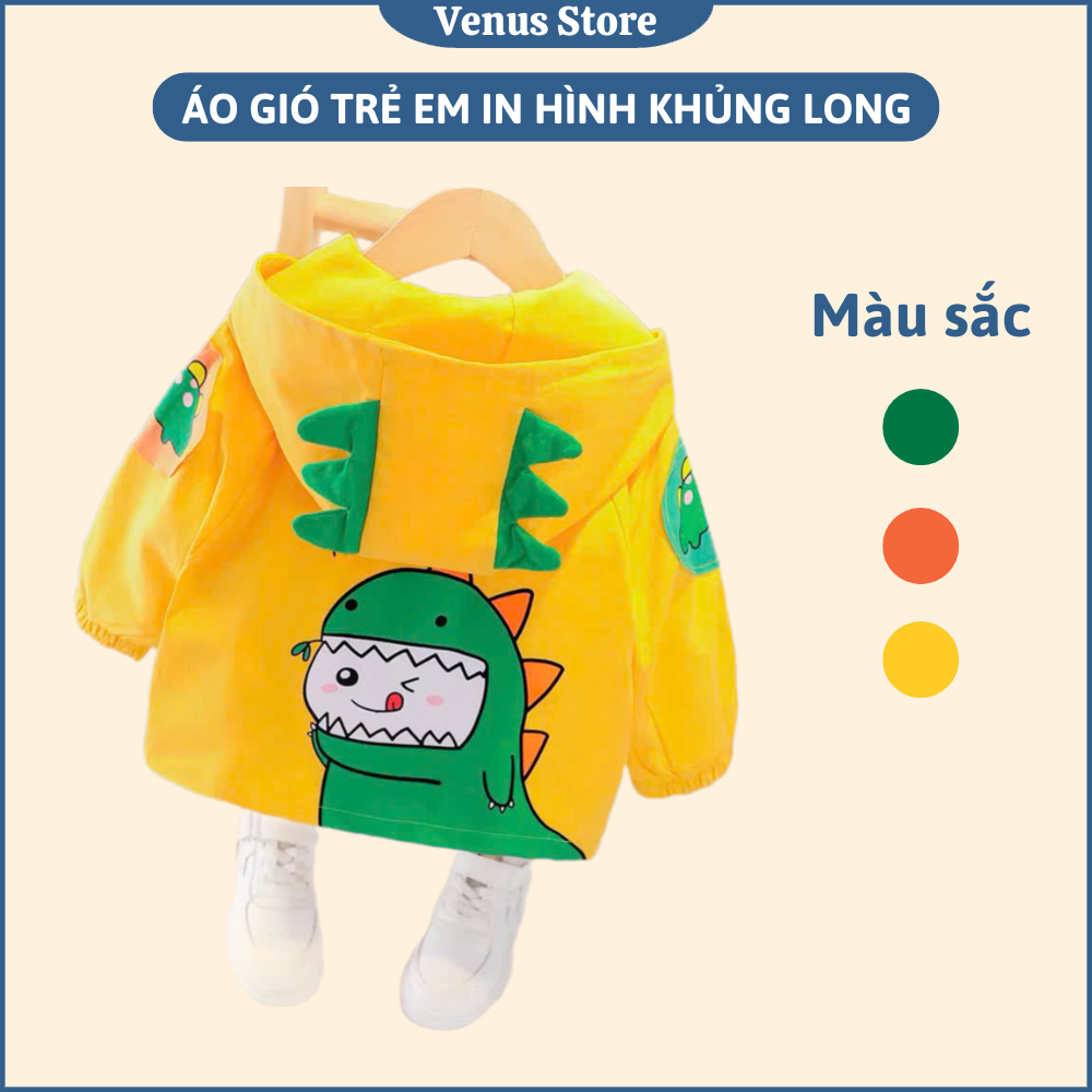 Áo gió trẻ em in hình khủng long dành cho các bé 7 - 17kg, áo gió cho bé hàng cao cấp, thiết kế mũ và in hình khủng long
