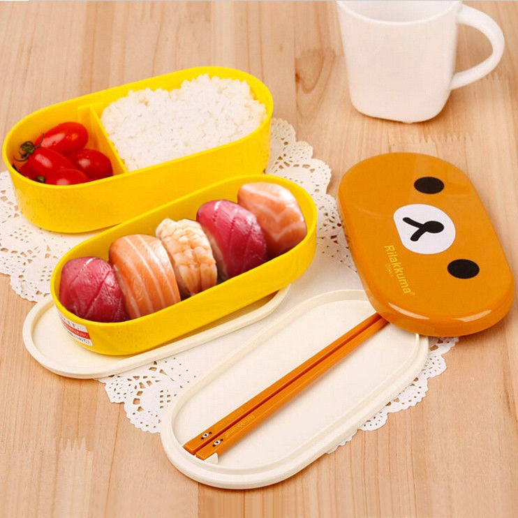 Hộp cơm Rilakkuma, Hộp đựng cơm Bento cho bé, Hộp cơm Bento 2 tầng, Hộp đựng bánh Sandwich thiết kế hình thú dễ thương
